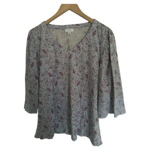 J Jill Womens MEDIUM 100% Cotton Paisley Tunic Shirt~ 3/4 Sleeve Purple Blue